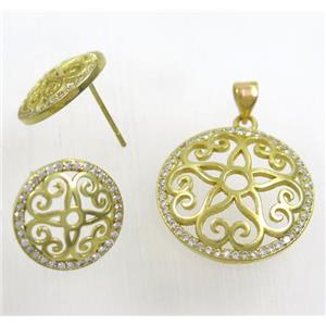 Raw Brass pendant and earring studs paved zircon, approx 21mm, 15mm dia