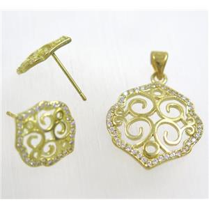 Raw Brass pendant and earring studs paved zircon, approx 19x21mm, 14mm