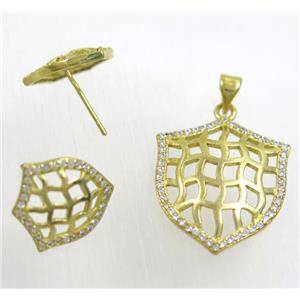 Raw Brass pendant and earring studs paved zircon, approx 20x23mm, 13x15mm