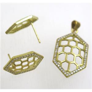 Raw Brass pendant and earring studs paved zircon, approx 16x28mm, 11x19mm
