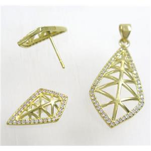 Raw Brass pendant and earring studs paved zircon, approx 16x29mm, 10x19mm