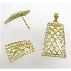 Raw Brass pendant and earring studs paved zircon, approx 10-14x25mm, 8-11x16mm