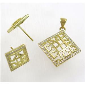 Raw Brass pendant and earring studs paved zircon, approx 22mm, 15mm dia