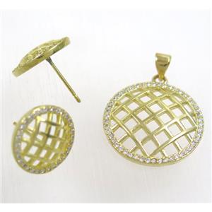 Raw Brass pendant and earring studs paved zircon, approx 21mm, 14mm dia