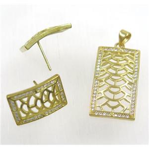 Raw Brass pendant and earring studs paved zircon, approx 14x27mm, 11x17mm