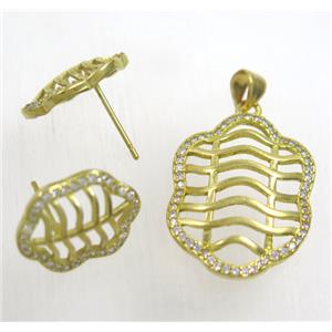 Raw Brass pendant and earring studs paved zircon, approx 19x25mm, 12x16mm