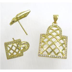 Raw Brass pendant and earring studs paved zircon, approx 17x24mm, 11x15mm
