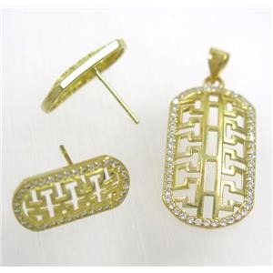 Raw Brass pendant and earring studs paved zircon, approx 14x26mm, 10x18mm