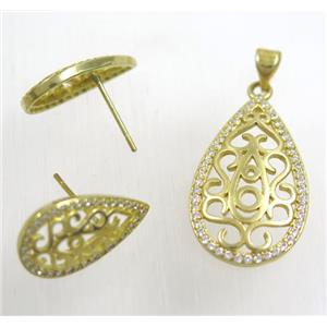 Raw Brass pendant and earring studs paved zircon, approx 15x26mm, 10x18mm