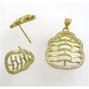 Raw Brass pendant and earring studs paved zircon, approx 19x21mm, 12x14mm
