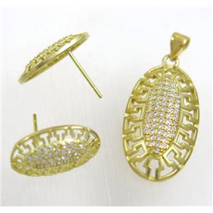 Raw Brass pendant and earring studs paved zircon, approx 14x25mm, 9x17mm