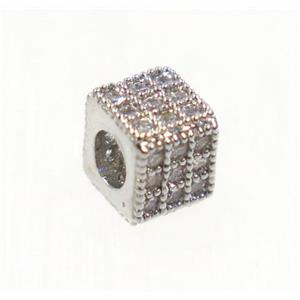 copper cube beads paved zircon, platinum plated, approx 4x4.5x4.5mm