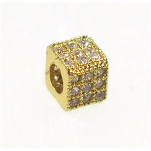 copper cube beads paved zircon, gold plated, approx 4x4.5x4.5mm