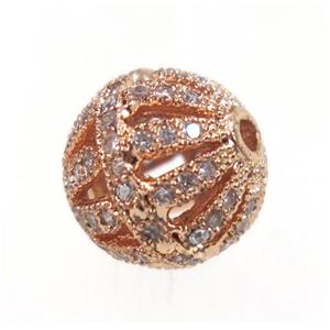 round Watermelon copper beads pave zircon, rose gold, approx 12mm dia