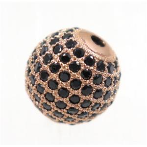 round copper beads paved black zircon, rose gold, approx 12mm dia
