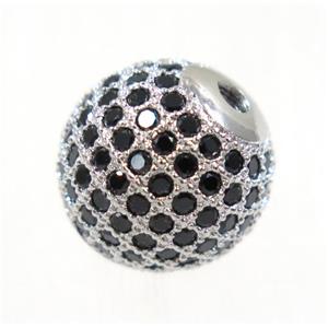 round copper beads paved black zircon, platinum plated, approx 12mm dia