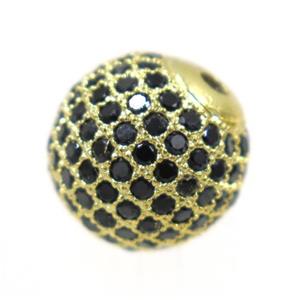 round copper beads paved black zircon, gold plated, approx 8mm dia