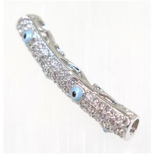 copper tube beads paved zircon with evil eye, platinum plated, approx 5x28mm