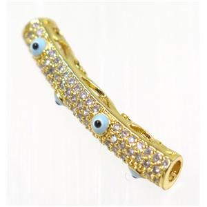 copper tube beads paved zircon with evil eye, gold plated, approx 5x28mm