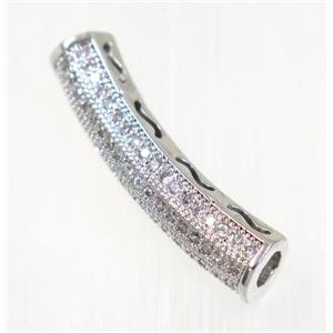 copper tube bead paved zircon, platinum plated, approx 5.5x25mm