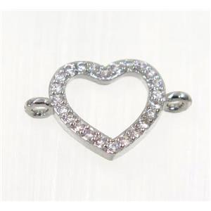copper Heart connector paved zircon, platinum plated, approx 11mm wide