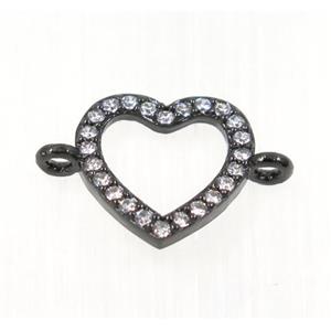 copper Heart connector paved zircon, black plated, approx 11mm wide