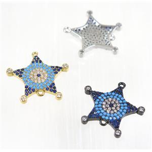 copper Star connector paved zircon, mix color, turq, approx 20mm dia