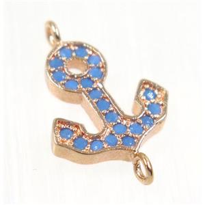 copper Anchor connector paved zircon, rose gold, turq, approx 11-12mm