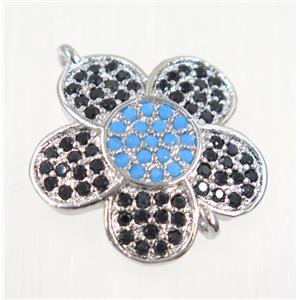copper flower connector paved zircon, platinum plated, approx 17mm dia
