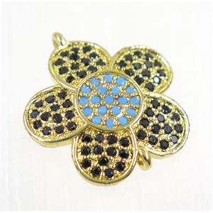 copper flower connector paved zircon, gold plated, approx 17mm dia