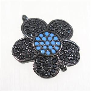 copper flower connector paved zircon, black plated, approx 17mm dia