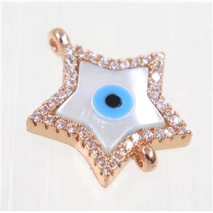 copper Star connector paved zircon with evil eye, rose gold, approx 14mm dia