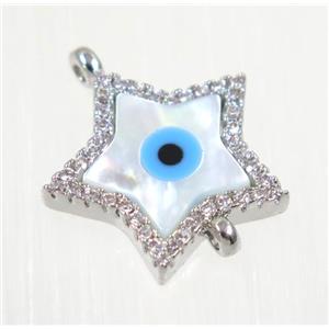copper Star connector paved zircon with evil eye, platinum plated, approx 14mm dia