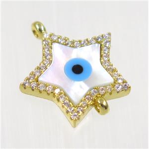 copper Star connector paved zircon with evil eye, gold plated, approx 14mm dia