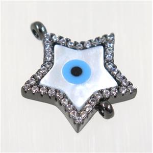 copper Star connector paved zircon with evil eye, black plated, approx 14mm dia