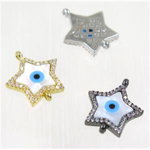 copper Star connector paved zircon with evil eye, mix color, approx 14mm dia
