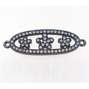 copper oval connector paved zircon with flower, black plated, approx 10x25mm