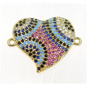 copper Heart connector paved zircon, gold plated, multi-color, approx 19mm
