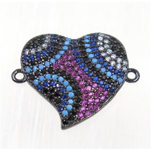 copper Heart connector paved zircon, black plated, multi-color, approx 19mm