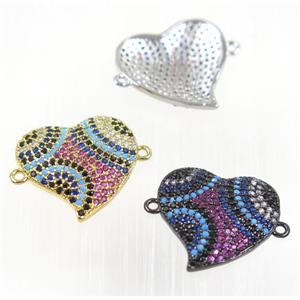 copper Heart connector paved zircon, mix color, multi-color, approx 19mm