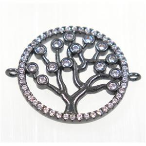 copper Tree Of Life connector paved zircon, black plated, approx 18mm dia
