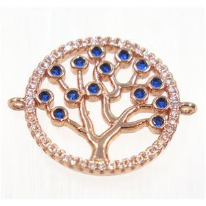 copper Tree Of Life connector paved zircon, rose gold, approx 18mm dia