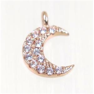 copper Crescent moon pendant paved zircon, rose gold, approx 8.5mm dia