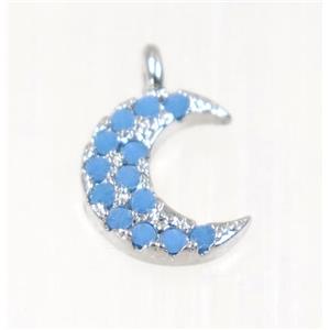 copper Crescent moon pendant paved zircon, platinum plated, approx 8.5mm dia