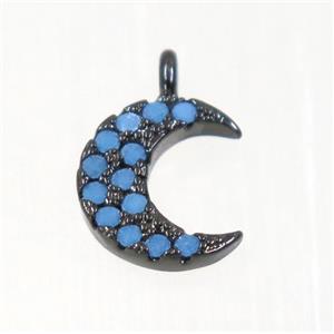 copper Crescent moon pendant paved zircon, black plated, approx 8.5mm dia