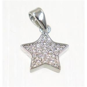 copper Star pendant paved zircon, platinum plated, approx 10mm dia