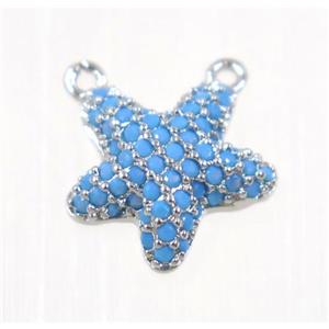 copper Starfish pendant paved zircon with 2loops, platinum plated, turq, approx 11mm dia