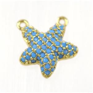 copper Starfish pendant paved zircon with 2loops, gold plated, turq, approx 11mm dia
