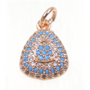 copper Teardrop pendant paved zircon, rose gold, turq, approx 10x11mm