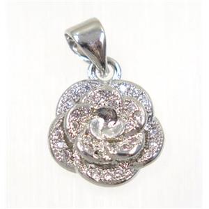 copper flower pendant paved zircon, platinum plated, approx 12mm dia